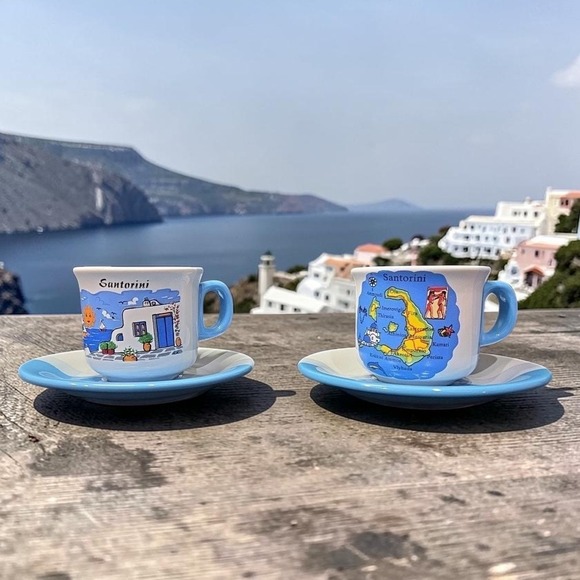Source Unknown Other - Greek Pottery Cup and Saucer Set, Santorini Coast Mug Blue White Greece Souvenir